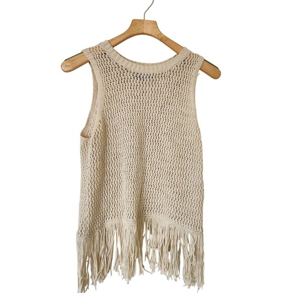 Michael Stars Crochet Fringe Knit Sleeveless Top Beige Soft Comfy Festival Boho - Picture 2 of 12
